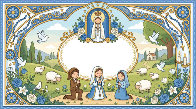 Religious banner design depicting the apparition of Our Lady of Fatima with grazing sheep and a landscape.