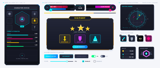 Futuristic game UI asset kit with neon dark panels, character status screen, victory rewards popup, tactical radar, wallet and controls. © Антон Сальников