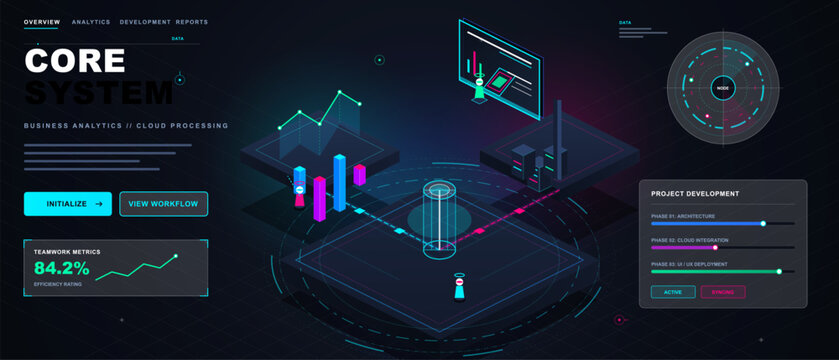 Futuristic dark interface showing core system analytics, neon charts, isometric servers, cloud processing workflow and progress status panels