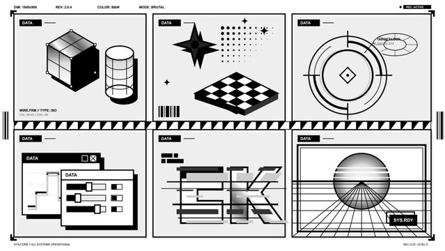 Black and white brutalist interface collage with six data panels, isometric cube, radar target, sliders, abstract typography and retro grid scene