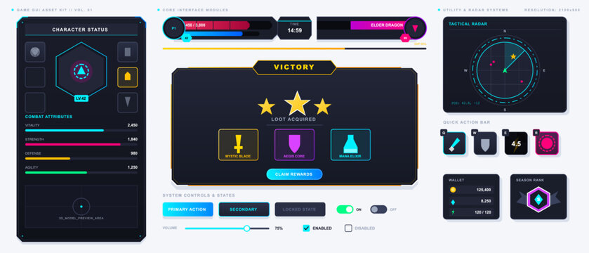 Futuristic game UI asset kit with neon dark panels, character status screen, victory rewards popup, tactical radar, wallet and controls.