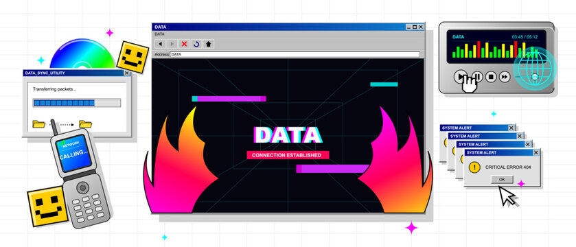 Retro computer data screen collage with file transfer window, flip phone, media player, error alerts, smiley icons and colorful flames on a grid