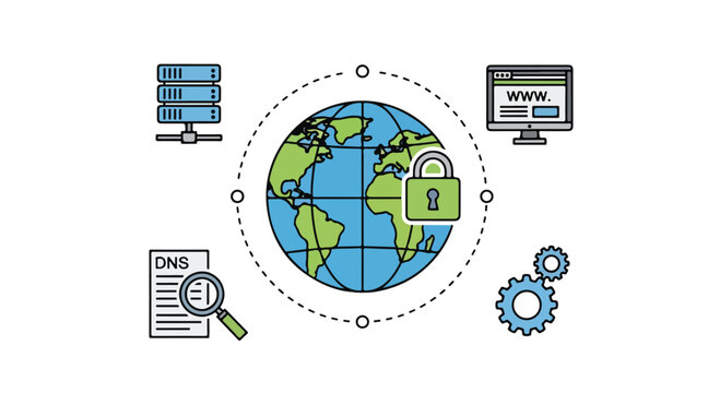 Global network security vector illustration, world wide web data protection concept, internet server and dns lookup icons for cybersecurity