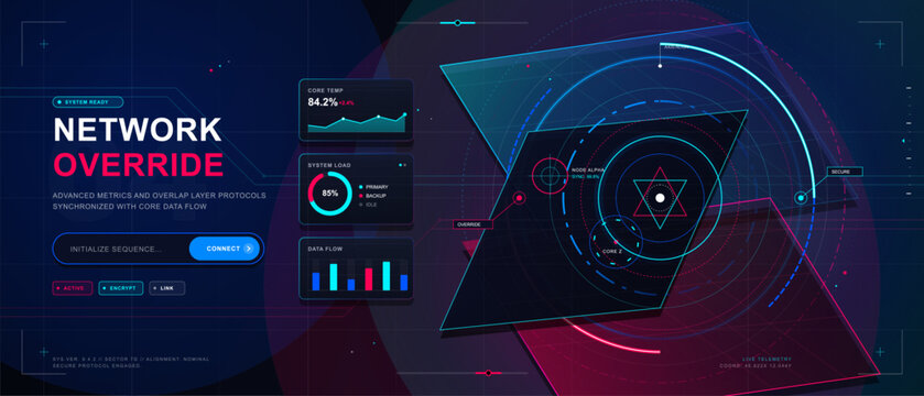 Futuristic network override dashboard with neon radar interface, circular data overlays, panels, charts and connect button on dark grid background