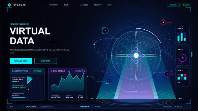 Futuristic virtual data dashboard with holographic sphere, security panels, charts and neon controls on a dark technology grid background