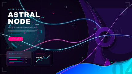 Dark futuristic astral node interface with neon flowing lines, purple vortex, abstract dashboard widgets, circular HUD graphics and grid background © Антон Сальников