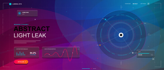Dark abstract light leak dashboard with circular HUD target, gradient waves, data metrics panels, line chart, navigation and initialize button © Антон Сальников