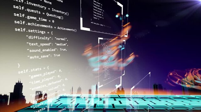 Collage animation with AI robot cyborg working and typing on virtual keyboard. Smat city scape downtown in background. Overlaped by programming code