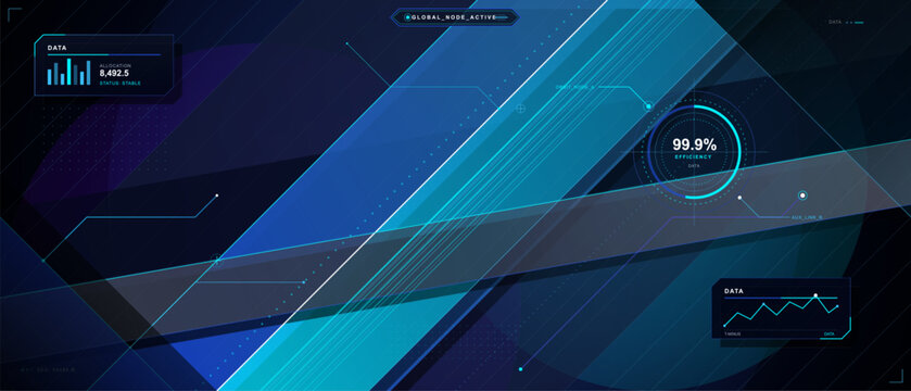 Dark futuristic data network background with cyan diagonal beams, efficiency HUD gauge, abstract connection lines and floating analytics panels