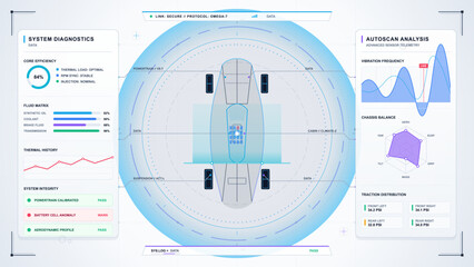 Clean automotive diagnostics dashboard with top view vehicle scan, circular HUD rings, system efficiency gauge, fluid metrics and autoscan charts © Антон Сальников