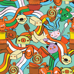 Obraz premium Diverse colorful animal seamless pattern illustration set. Funny multicolor hand community background print. Friend team, business teamwork or community hands together drawing collection.