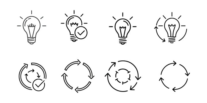 Sketchy lightbulb and circular arrow icons set in black and white
