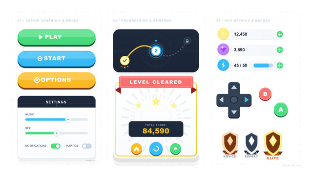Flat mobile game UI kit with colorful action buttons, settings panel, level cleared reward screen, HUD metrics, badges and controller icons