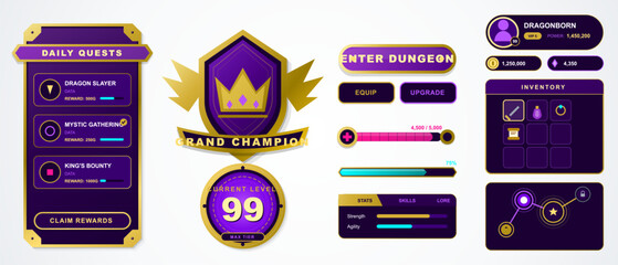 Fantasy RPG game UI kit with purple and gold quest panel, champion crown badge, level medal, inventory, skill stats and dungeon buttons © Антон Сальников