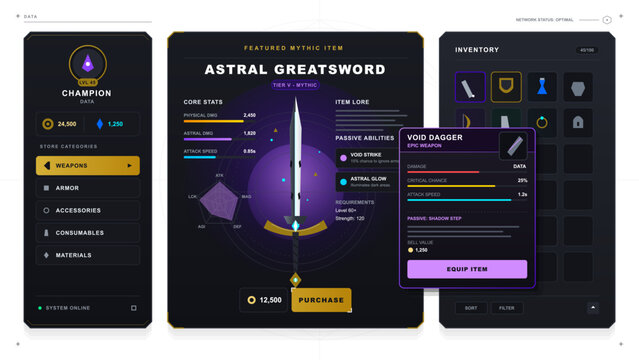 Dark fantasy game inventory interface with glowing greatsword, weapon stats, equipment grid, currency, and purple item card on white background