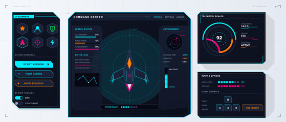 Futuristic command center dashboard with spacecraft status, mission controls, telemetry gauges, charts, and neon cyan orange sci-fi interface panels © Антон Сальников