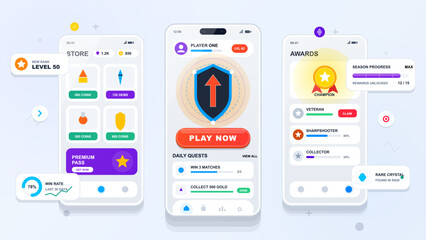 Colorful mobile game app UI kit with store screen, player profile, shield play button, quest cards, awards list and floating progress widgets. © Антон Сальников