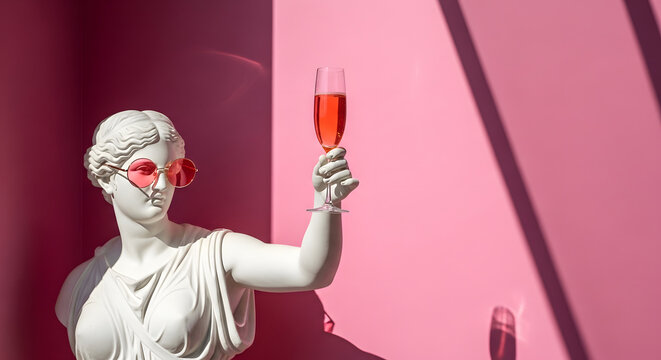 A white marble statue of a woman wearing pink sunglasses and holding up a glass of pink champagne in a modern setting with a pink wall