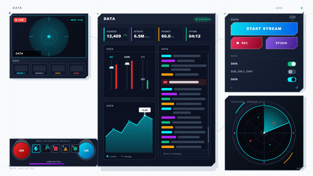 Futuristic live streaming dashboard UI kit with analytics panels, chat feed, audio mixer, radar screen, controls and neon dark interface.