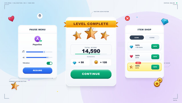Colorful mobile game interface UI kit with level complete, pause menu and item shop panels, reward icons, stars, gems and coins on grid background