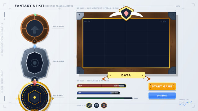 Fantasy game UI kit with wooden viewport panel, tiered circular emblems, health and mana bars, start buttons and icons on light grid background