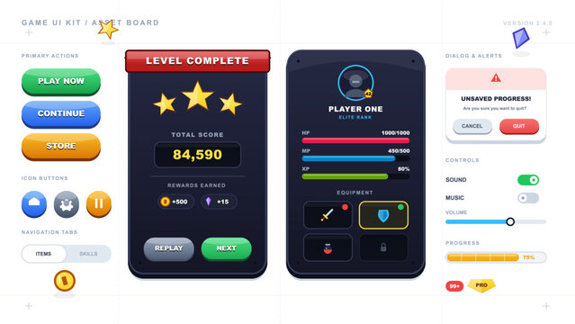 Colorful game UI asset board with level complete screen, player profile card, action buttons, alert dialog, toggles and progress controls