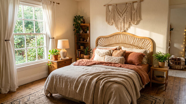 Cozy bohemian bedroom with macrame decoration and earthy bedding