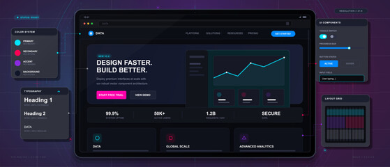Dark futuristic UI design dashboard on tablet screen with web landing page mockup, color system, typography panels, components, and layout grid © Антон Сальников
