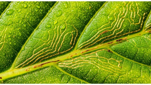 Macro View of Green Leaf with Leaf Miner Trails and Dew