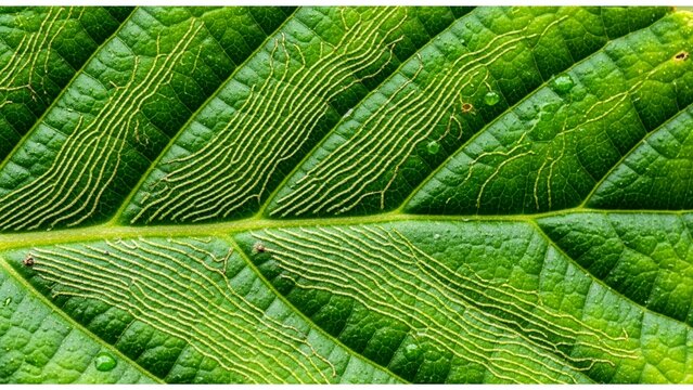 Macro Green Leaf with Leaf Miner Insect Trails