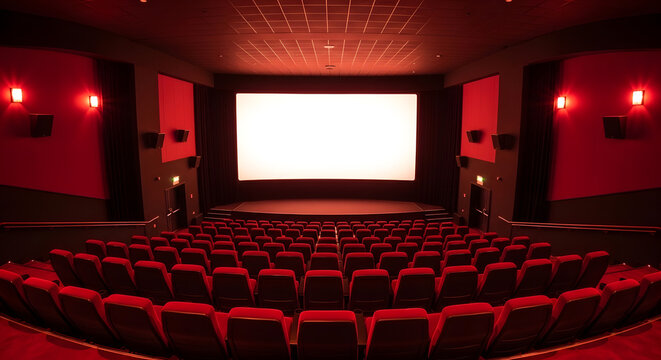 A dimly lit movie theater with rows of red seats facing a large white screen on the stage
