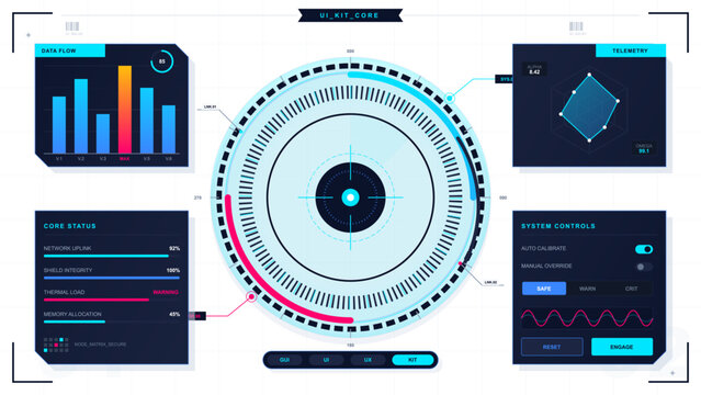Futuristic control dashboard interface with circular HUD display, data charts, telemetry radar and system status panels on a white grid background