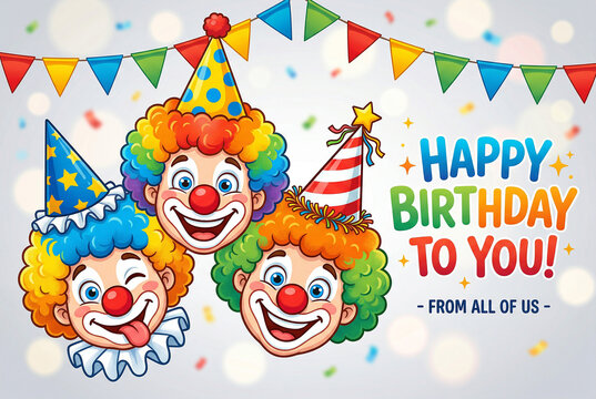 Happy birthday to you from all of us clowns, colourful celebration, party hats and confetti, cheerful festive greeting card background.