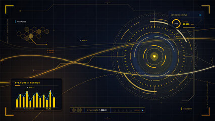 Obraz premium Dark futuristic network diagnostics interface with golden circular HUD scanner, flowing data lines, metrics chart and status panels on dark grid