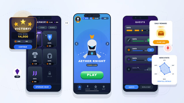 Fantasy mobile game interface set with hero play screen, armor inventory, victory popup, quest list, daily reward card and stats widgets
