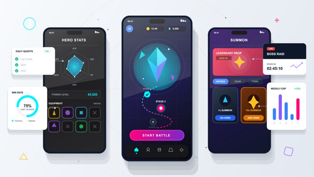 Fantasy mobile game interface set with hero stats, crystal battle map, summon screen, daily quests, win rate and boss raid widgets on light grid