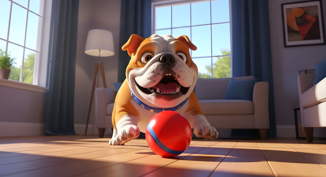 Happy bulldog puppy playing indoors