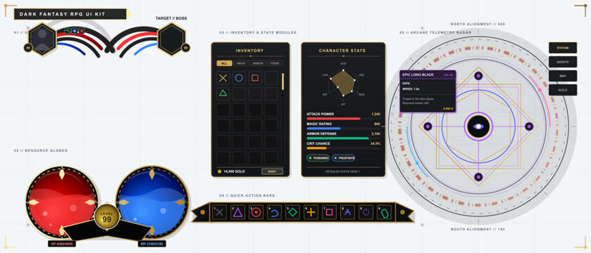 Dark fantasy role playing game UI kit with health and mana globes, inventory panels, stat bars, action icons, and arcane radar on grid background
