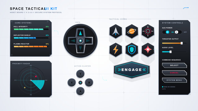 Futuristic space tactical interface kit with radar panel, system controls, status bars, hex icons, and command buttons on light grid background