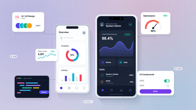 Modern UI and UX dashboard vector with smartphone analytics screens, data charts, optimization panels, code window, and pastel grid background