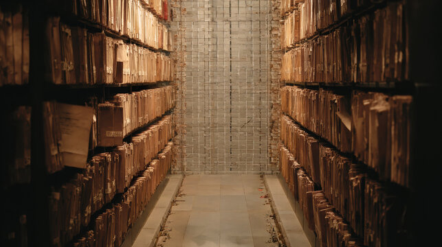 Ancient archive library corridor with old books on wooden shelves perspective view historical interior