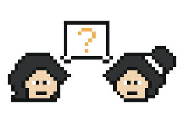 Fototapeta premium Cute woman female not understand with question mark 8 bit confused question cartoon with girl,think,choose,error.