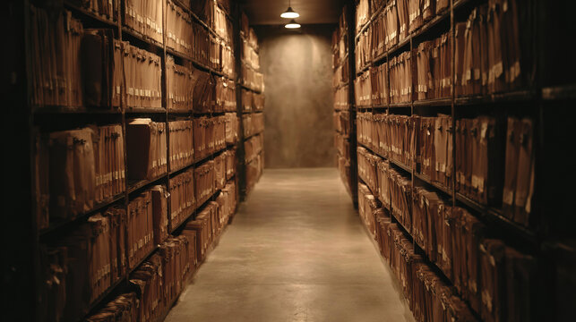 Ancient archive library corridor with old books on wooden shelves perspective view historical interior