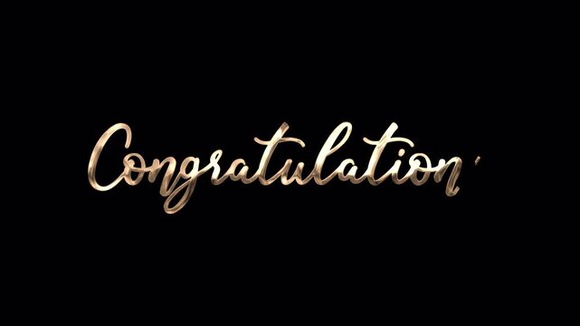 ​3D Golden Congratulations text animation with alpha channel. Liquid gold writing effect with sparkles on transparent background. Perfect for graduation, weddings, and celebration videos in 4K.