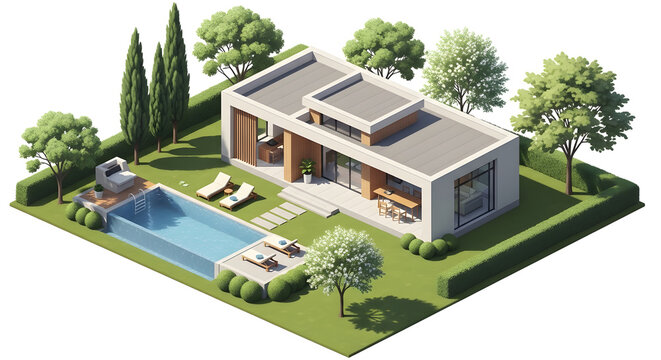 A modern house with a swimming pool and lounge chairs in a well-manicured backyard with trees and green grass on a sunny day