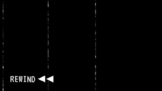 Animated VHS tape vertical distortion and analog glitch overlay with rewind text. Alpha channel 4K animation video