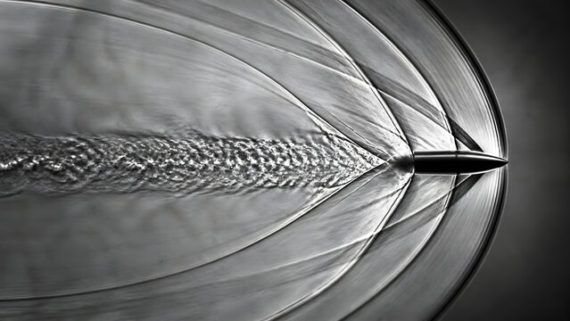 Stunning Schlieren-style visualization revealing the invisible shockwave patterns surrounding a supersonic projectile frozen mid-flight in high-contrast monochromatic tones.