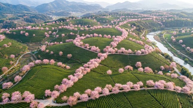 Vibrant Spring Tea Plantation: Aerial View of Terraced Fields, Pink Cherry Blossoms, and Winding River