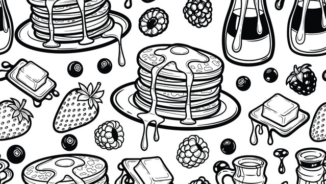 Black and white illustration of pancakes with syrup and butter and fruit and syrup jugs for breakfast or brunch or dessert  syrup drips down