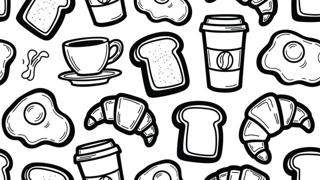 Black and white illustration of various breakfast foods and drinks on white background